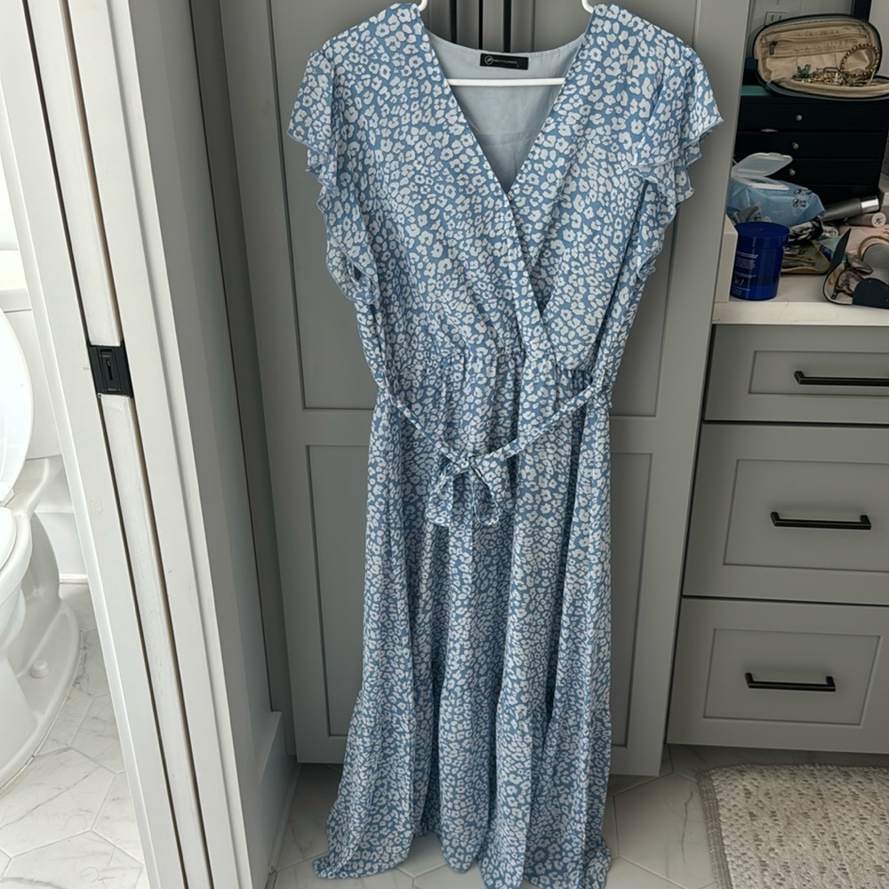 Blue floral wrap dress